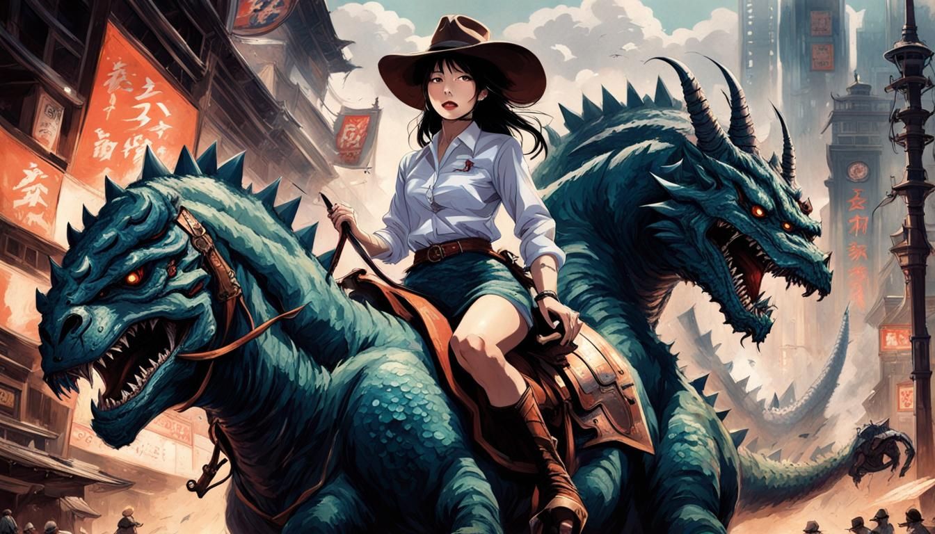 Japanese Cowgirl Riding a Giant Kaiju