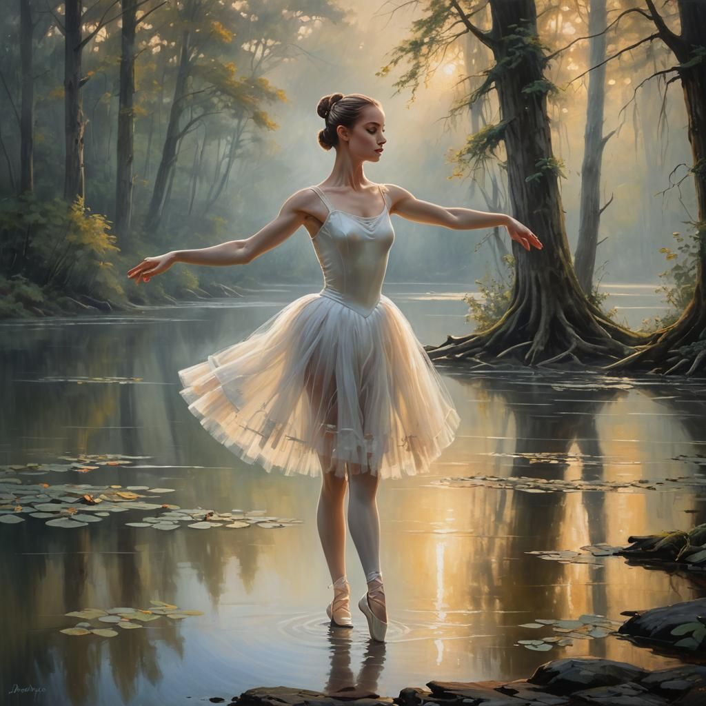 Ballerina at Misty Lake in Impressionistic Oil Painting