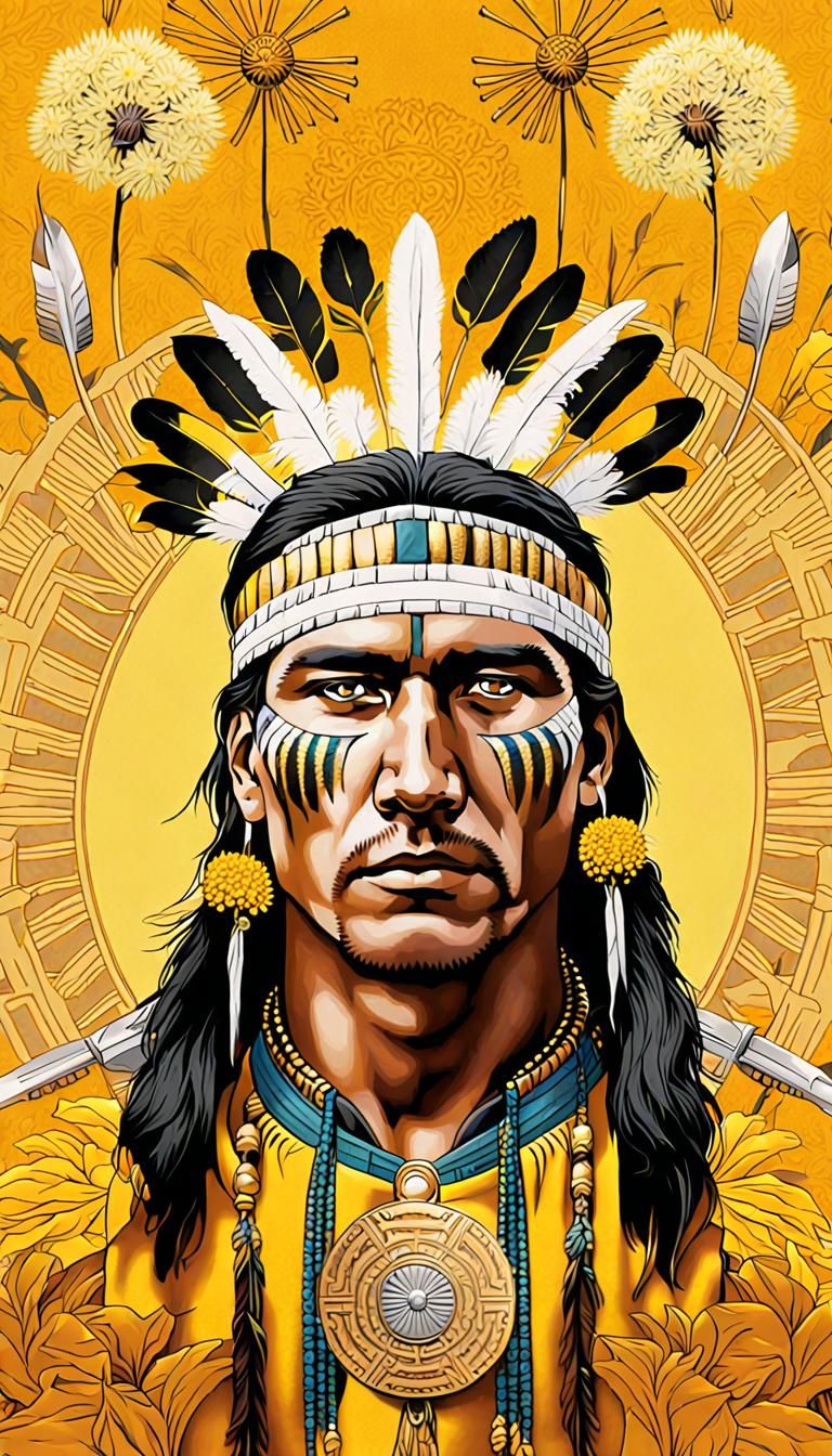 Nouveau Style Native American Warrior with Floral Art Deco