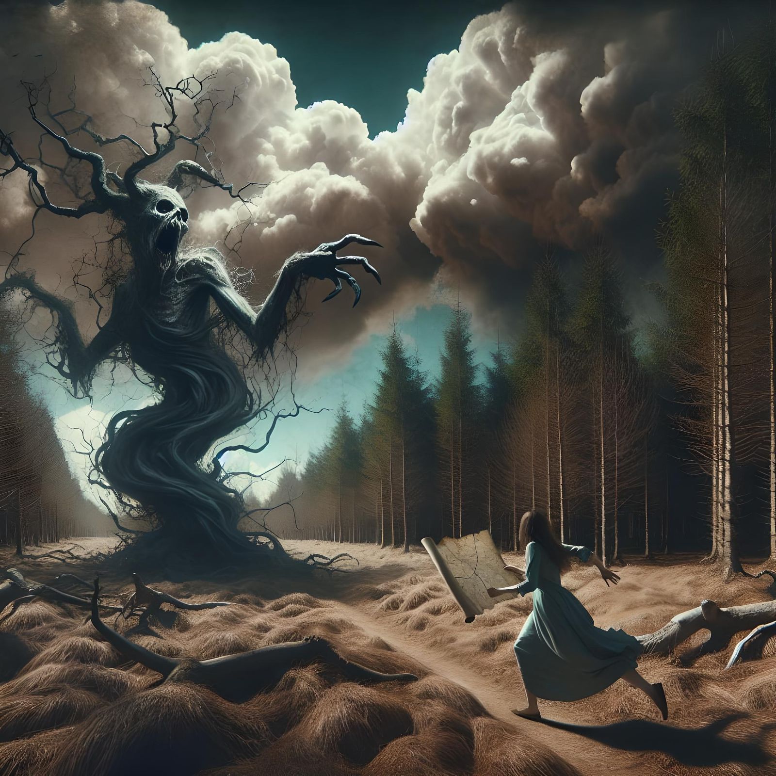 Eerie Forest Scene with Warped Tree and Lost Woman