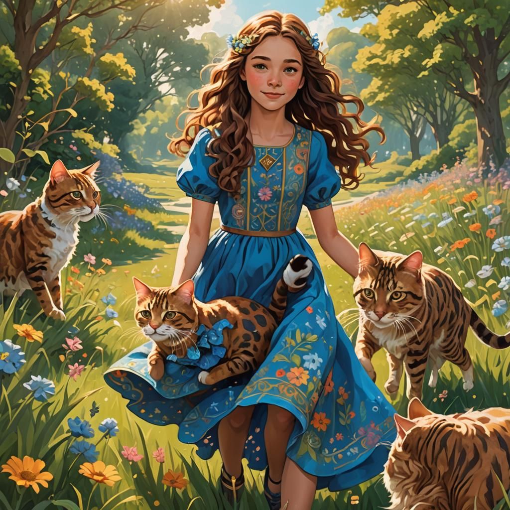 Enchanting Meadow Scene with Girl, Cats, and Dog