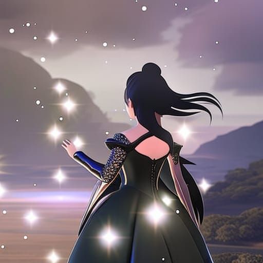 Gothic Crystal Fairy in Night Sky: Anime-Inspired Art