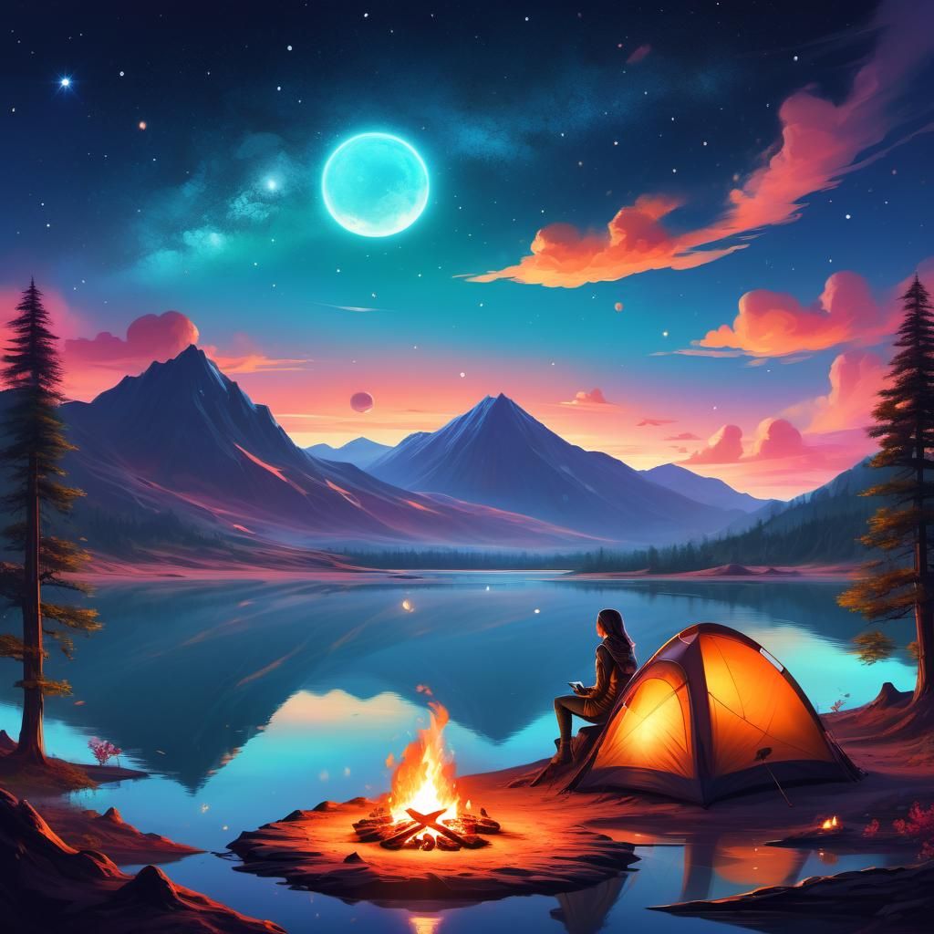 Tranquil Alien Campsite at Dusk: Fantasy Illustration