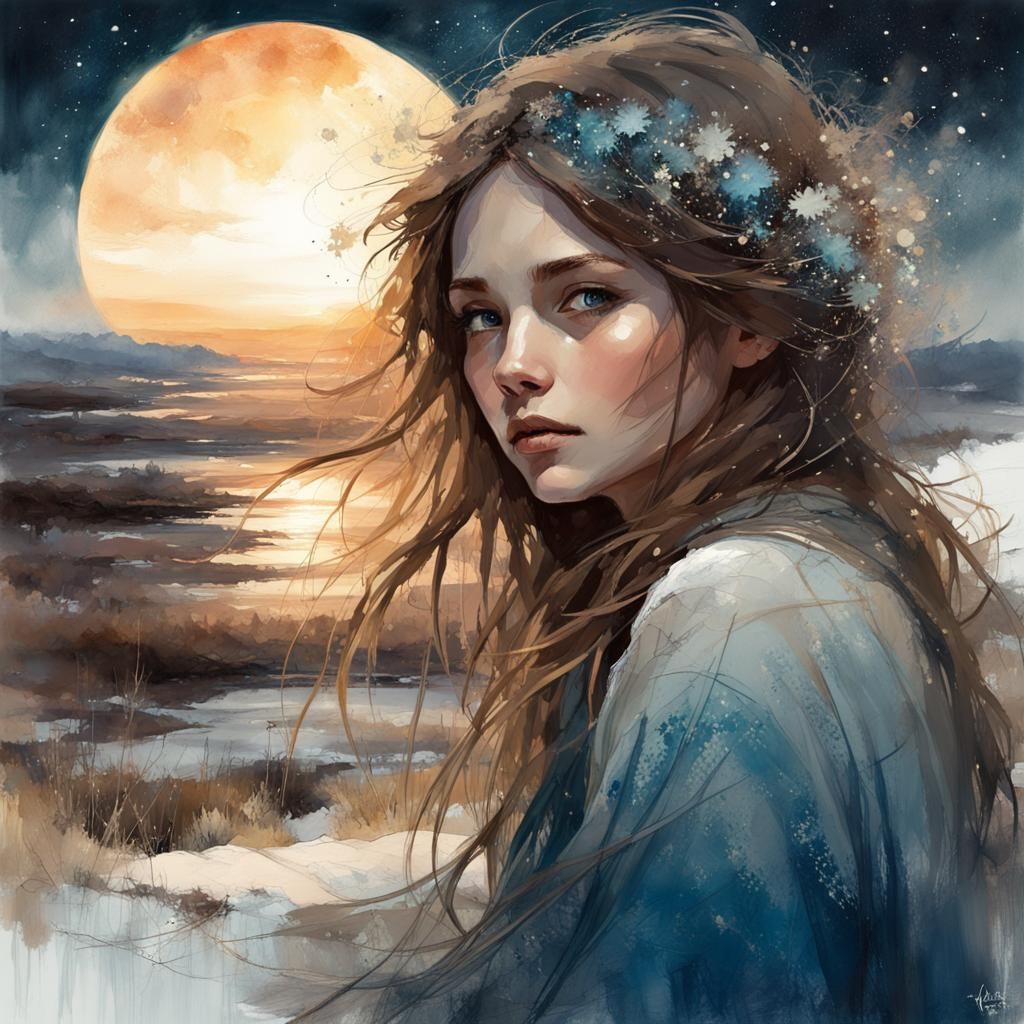 Snowy Spring Morning with Plant Magic in Watercolor Style