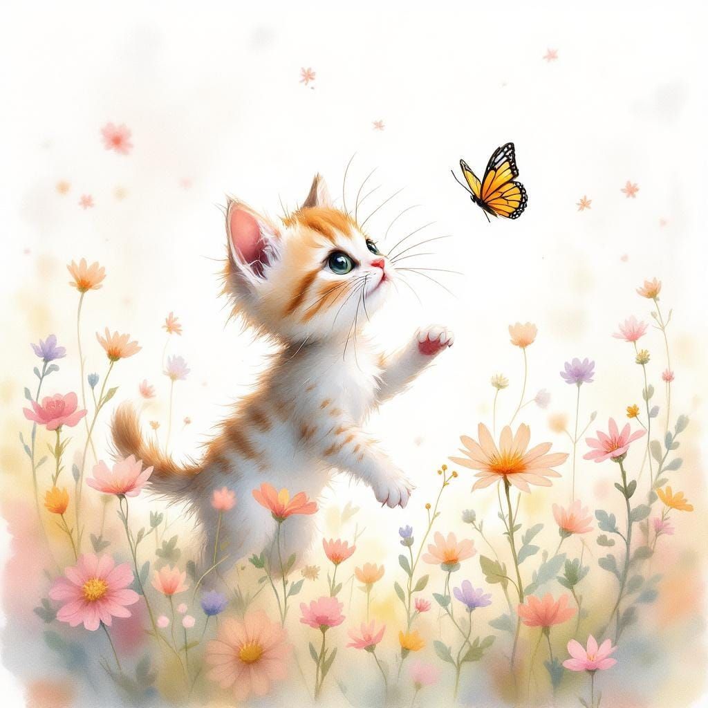 Kitten Chasing Butterfly: Whimsical Watercolor Painting