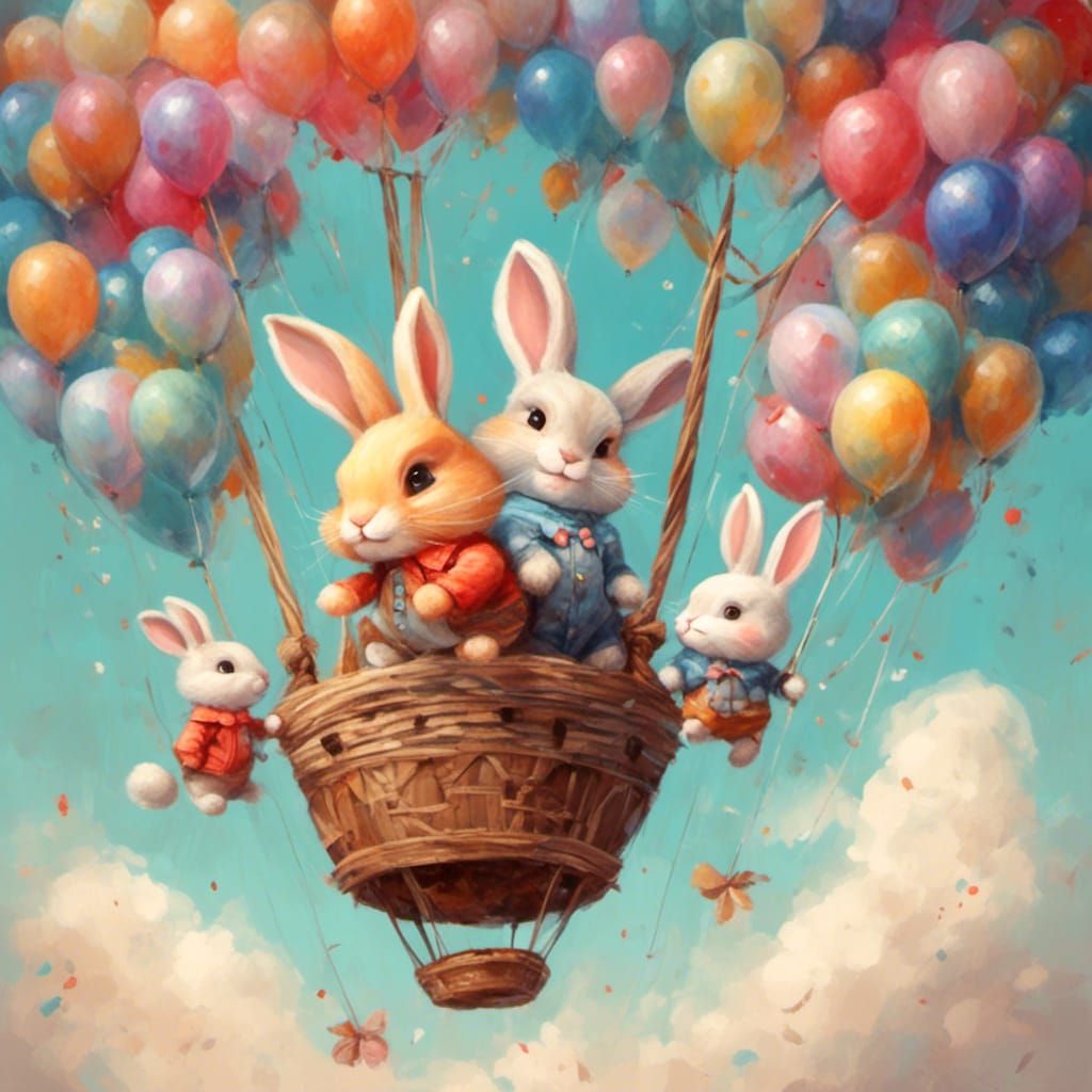 Bunny Air Balloon in Gouache Impressionist Style
