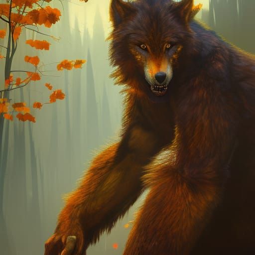 Hyperrealistic Werewolf Portrait in Autumnal Setting