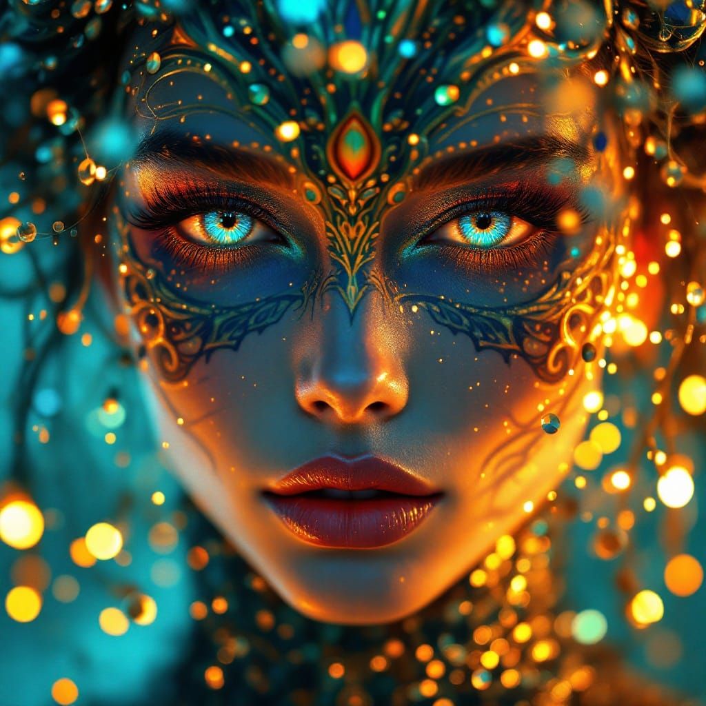 Portrait of a Woman in Vibrant Peacock-Themed Makeup