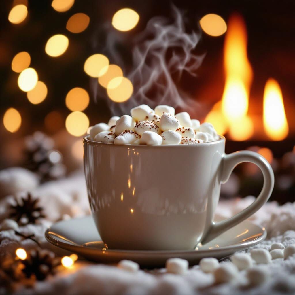 Cozy Hot Chocolate Mug with Bokeh Christmas Lights