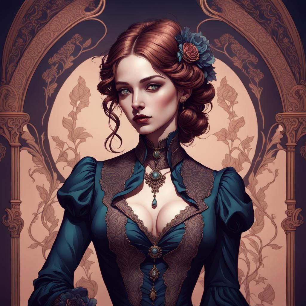 Fantasy Victorian Woman in Art Nouveau Illustration