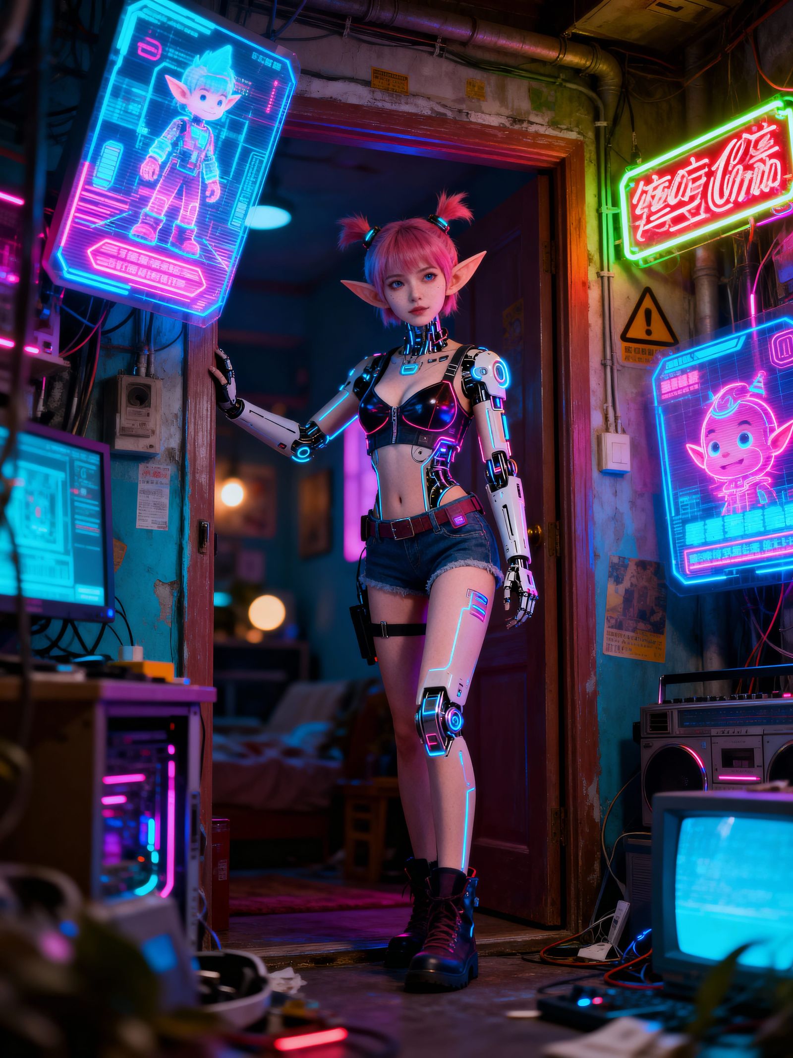 Pin-Up Cyberpunk Gnome in Neon Cityscape