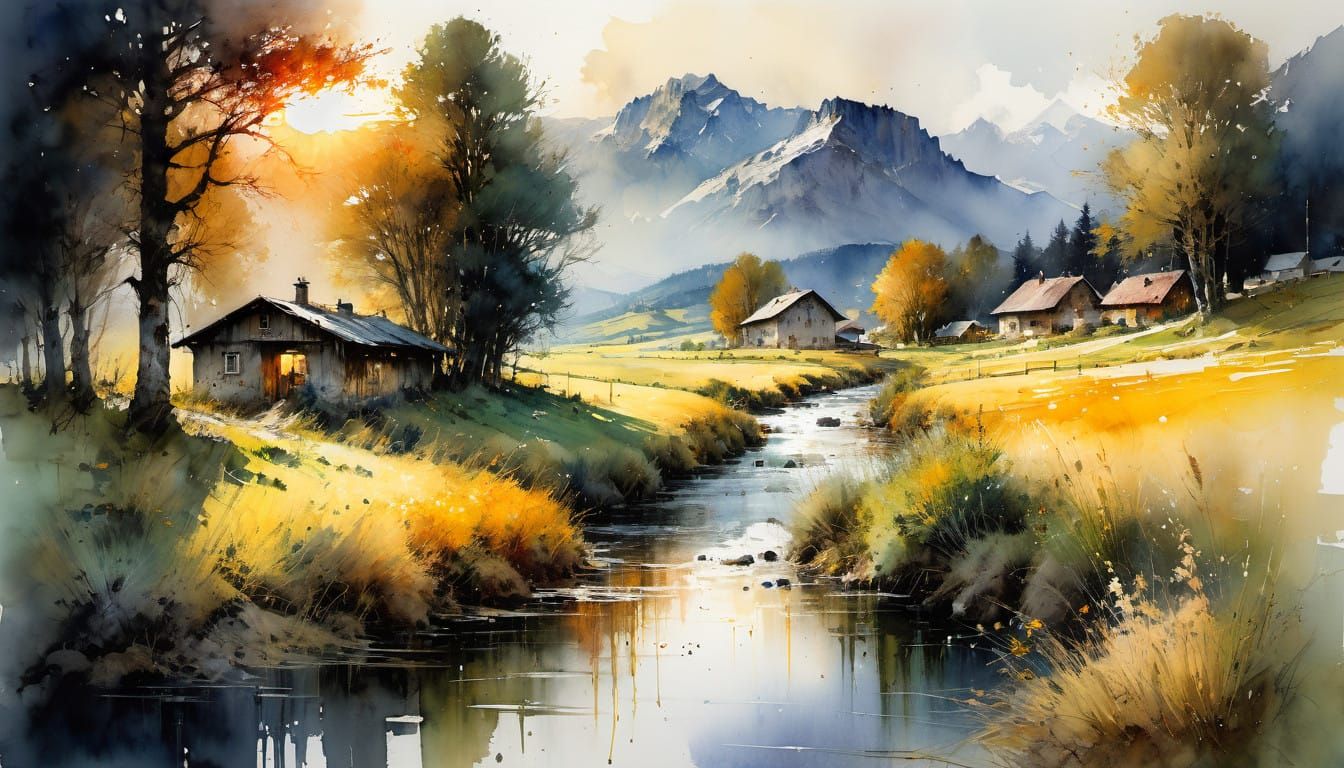 German Countryside Sunset Watercolor Painting