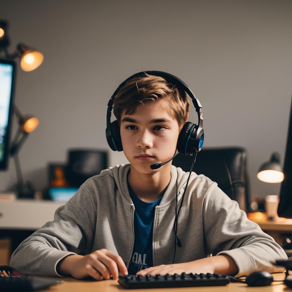 Teenager Immersed in Roblox Game, Digital Photography