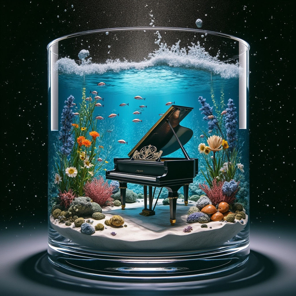 Caribbean Underwater Piano in Glass, Surreal Scene