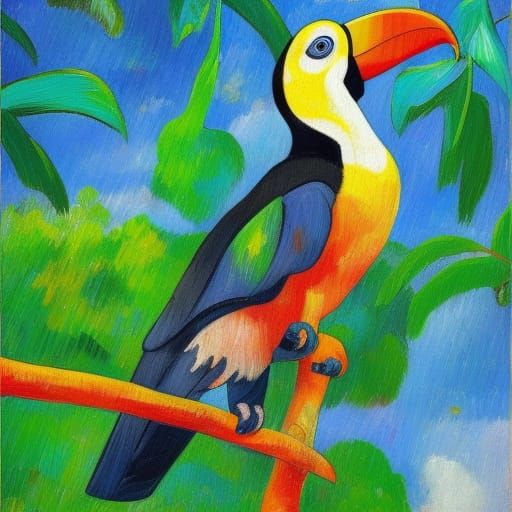Colorful Toucan in Tree, Post-Impressionist Style
