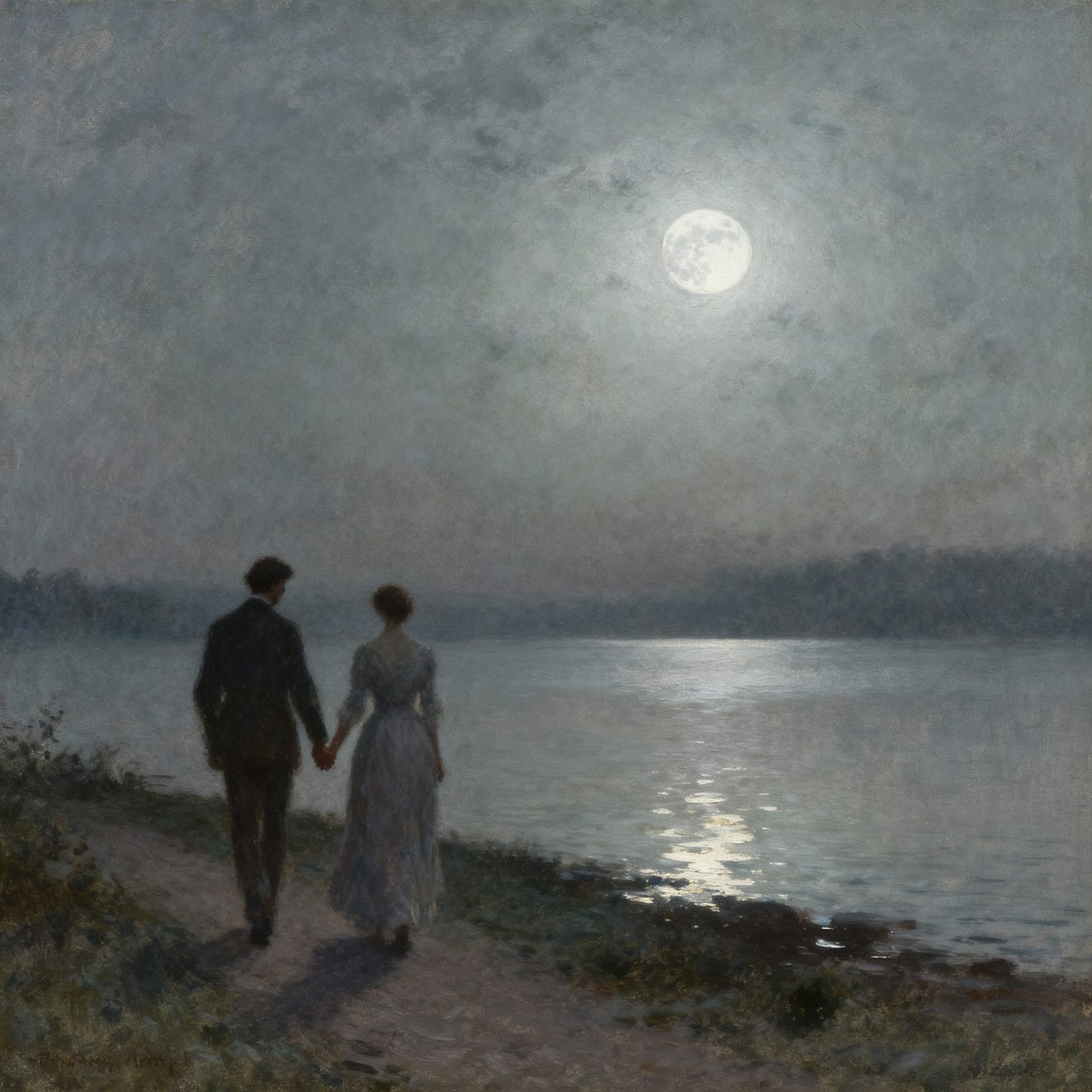 Romantic Couple by Moonlit Lake in Tonalist Style