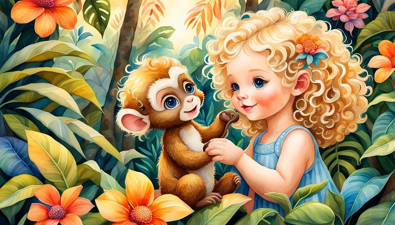 Whimsical Watercolor: Girl and Monkey in Jungle