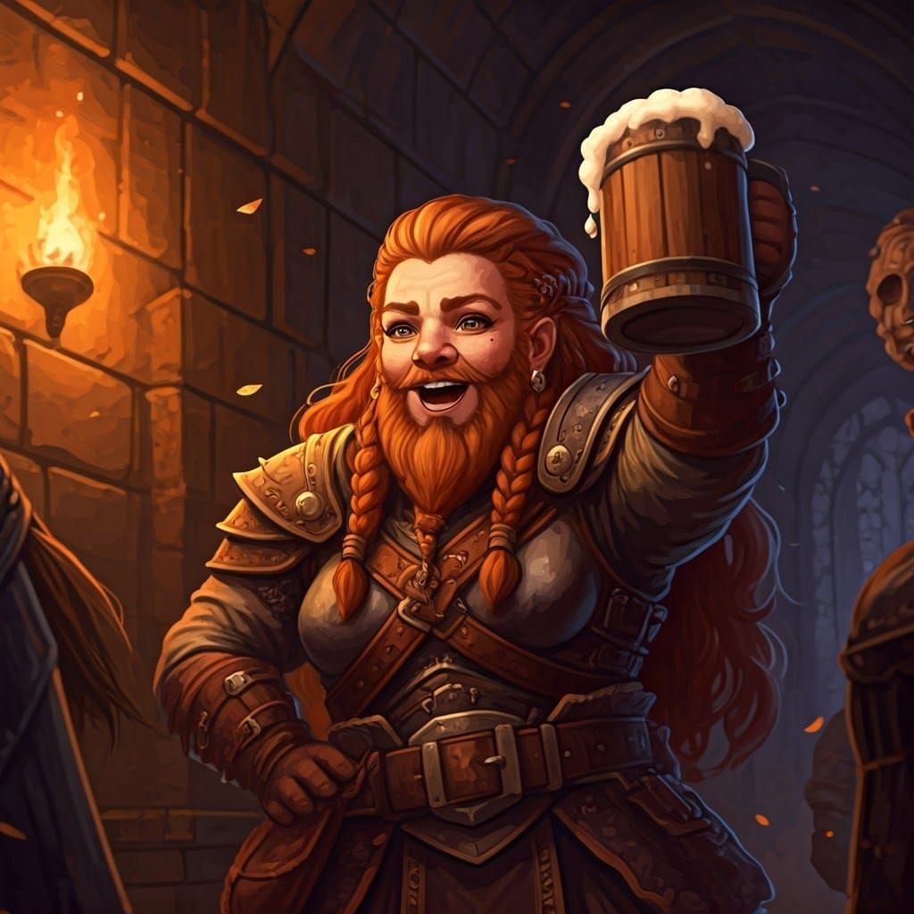 Dwarf Maiden Cheers Beer in Mystical Tavern