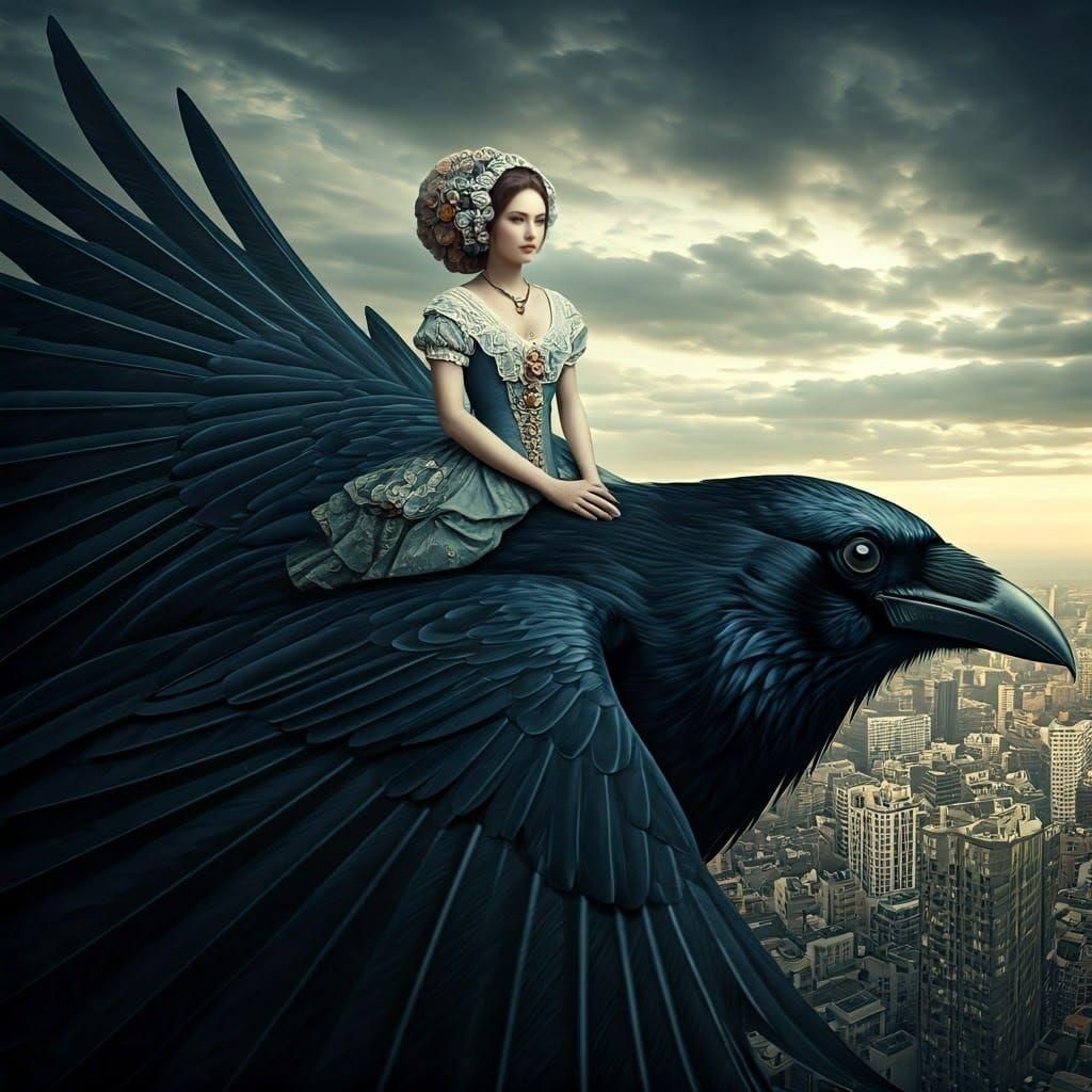 Surreal Menina Woman Flying on Crow