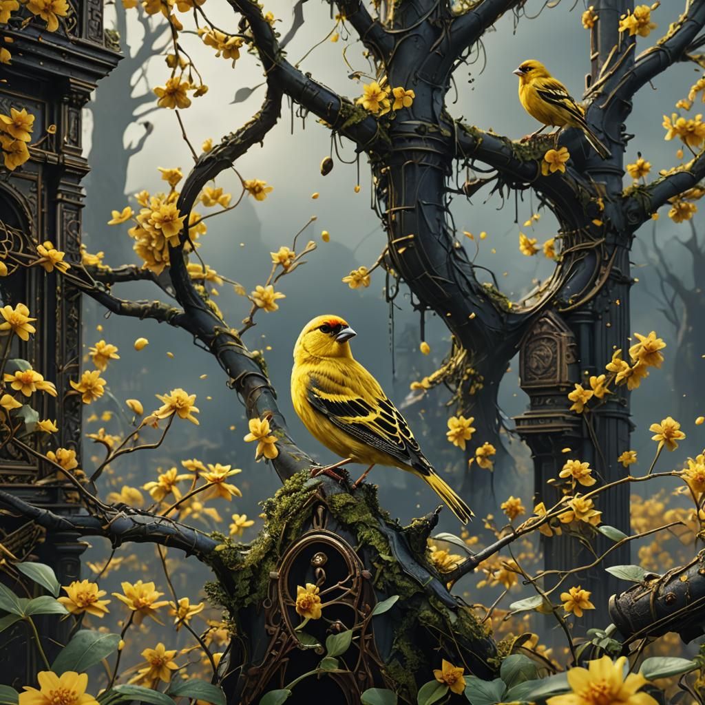 Yellow Finch on Magazine Cover: Detailed Matte Painting