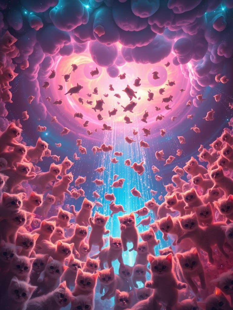 Surreal Cosmic Kitten Storm in Hyperrealistic Neon Style