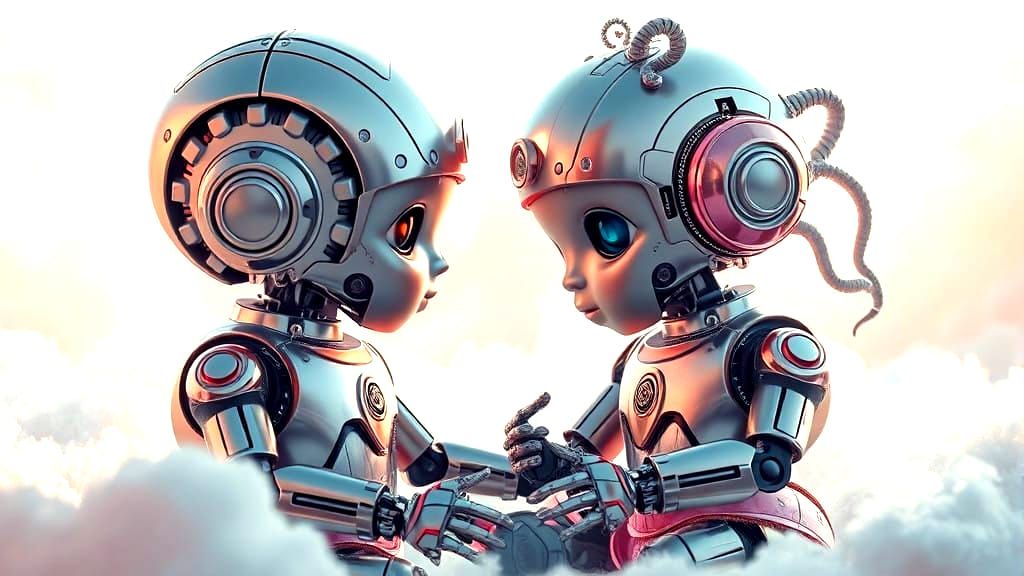 Cute Robot Babies Play in a Dreamlike Scene