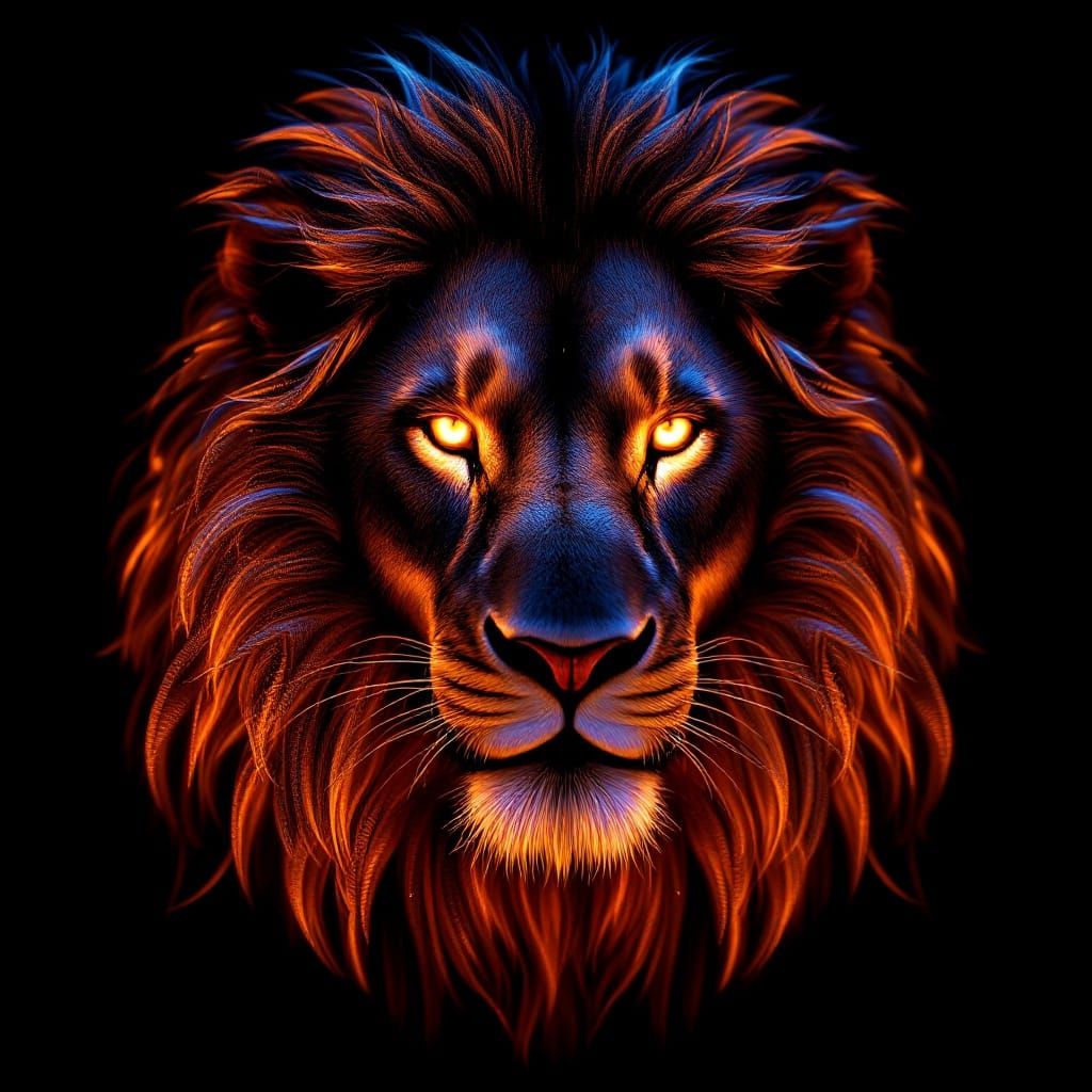 Hyper-Realistic Lion's Head Hologram in Cyberpunk Style