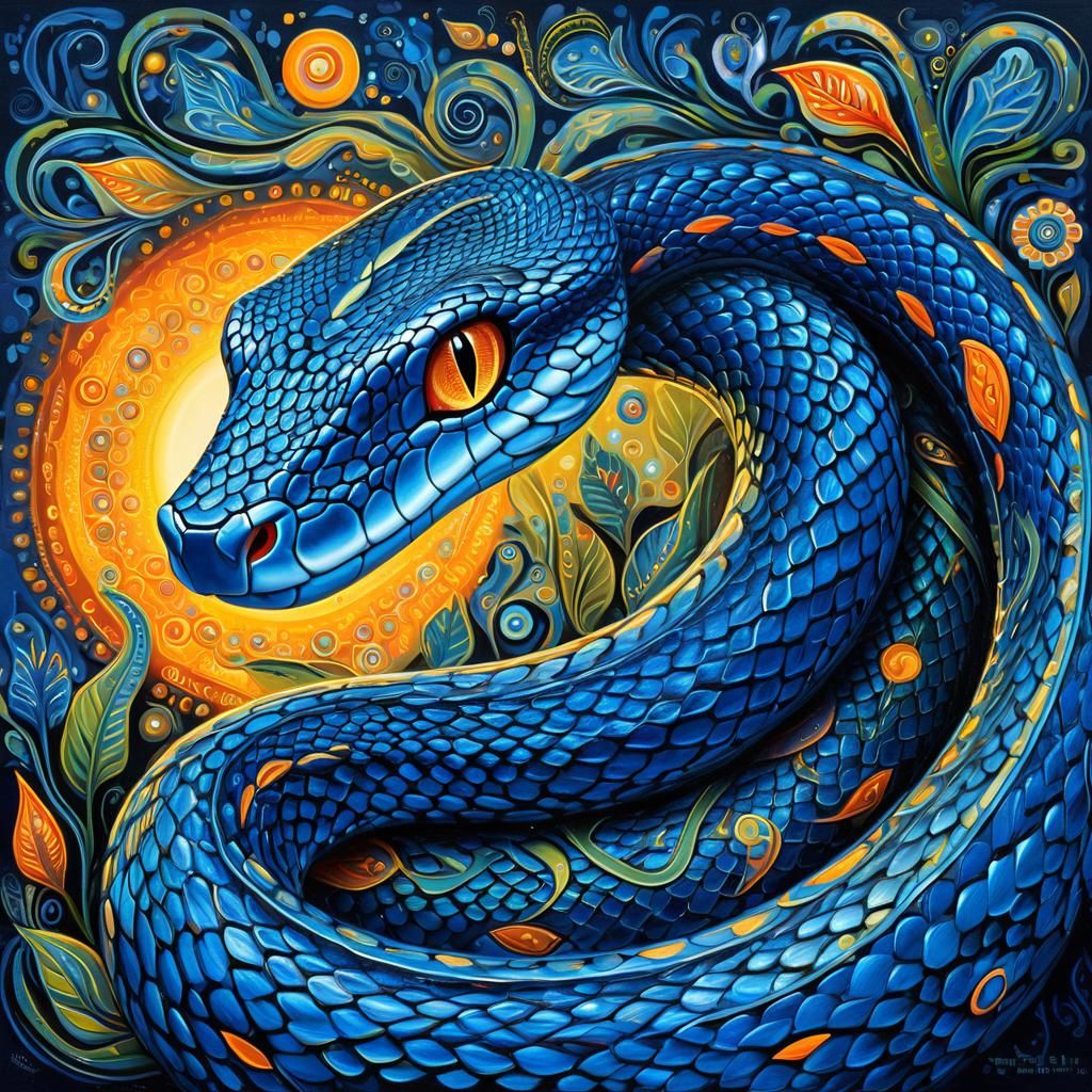 Blue Snake in Surreal Art Brut Style