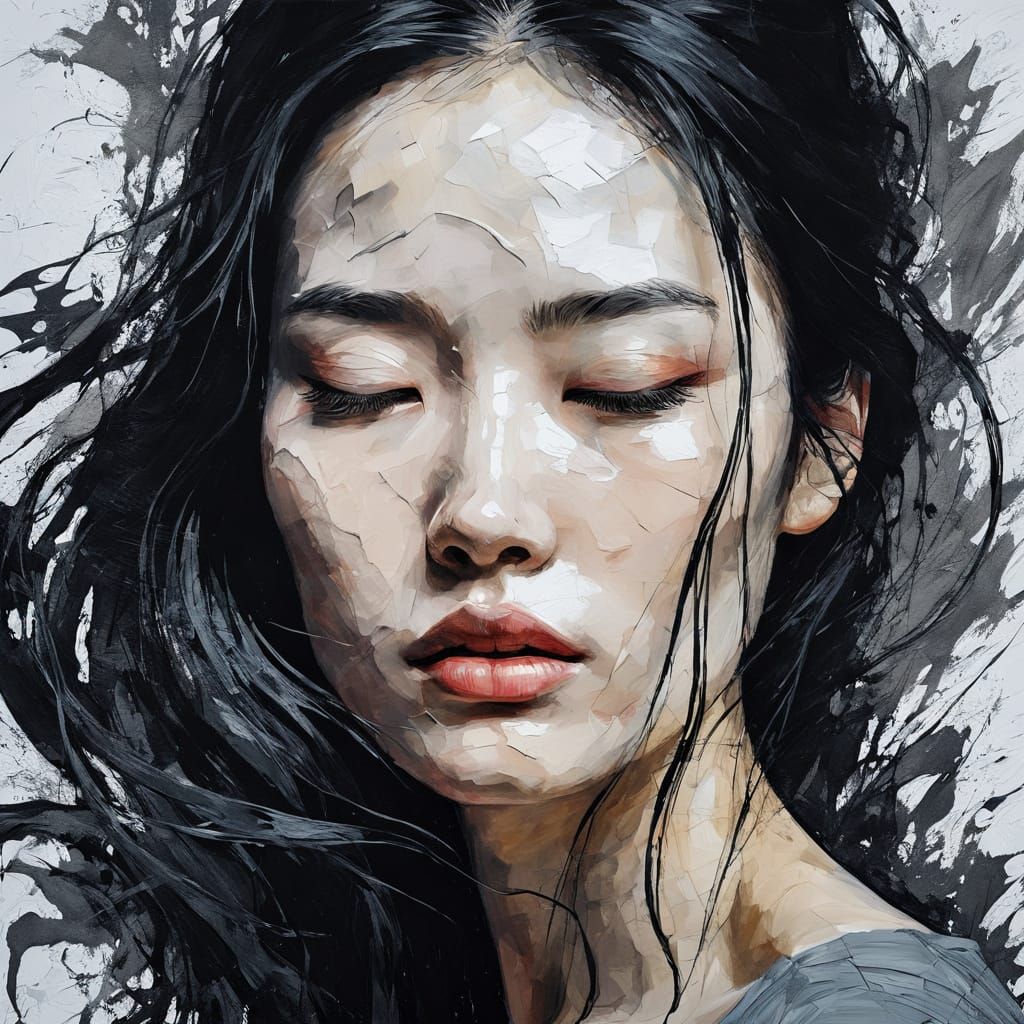 Dreamy East Asian Woman Portrait in Impasto Style