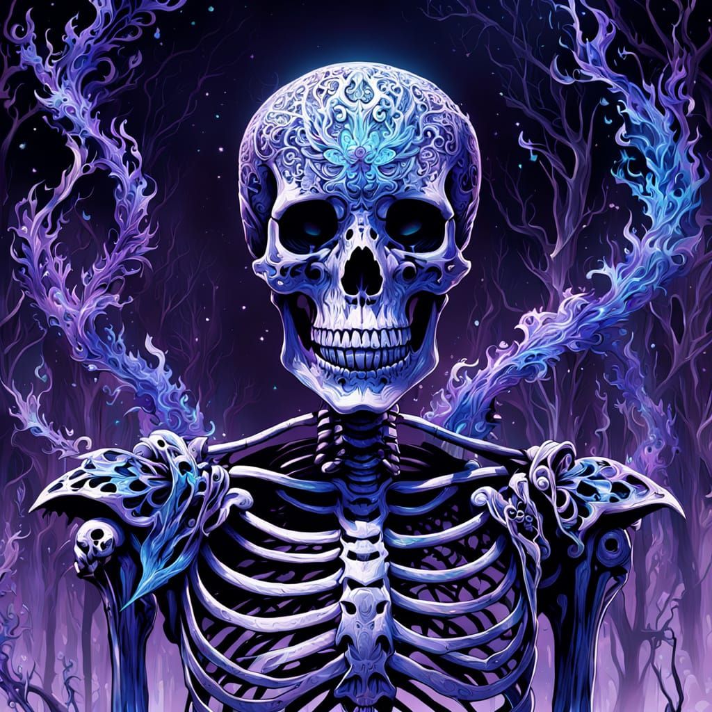 Haunted Skeleton with Violet-Blue Flames