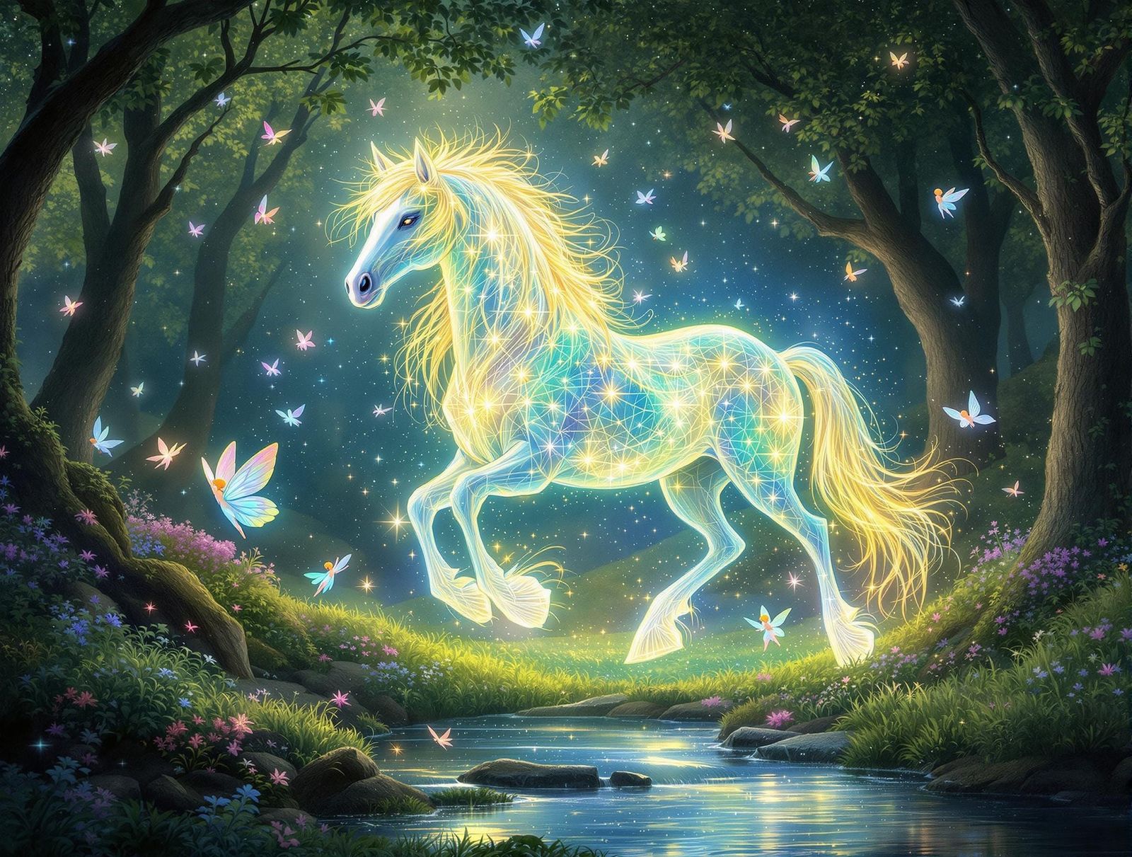 Ethereal Friesian Horse Illuminates Dreamy Forest Scene
