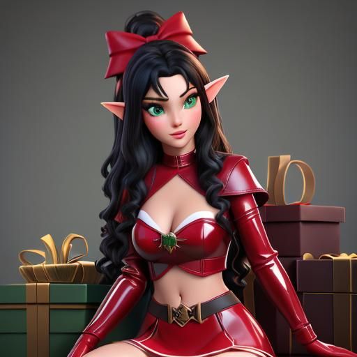 Beautiful Elf in Red Latex Costume, Photorealistic Rendering