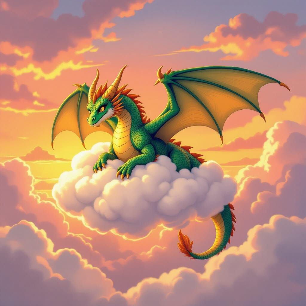 Dragon Tumbles Comically From Cloud in Storybook Style