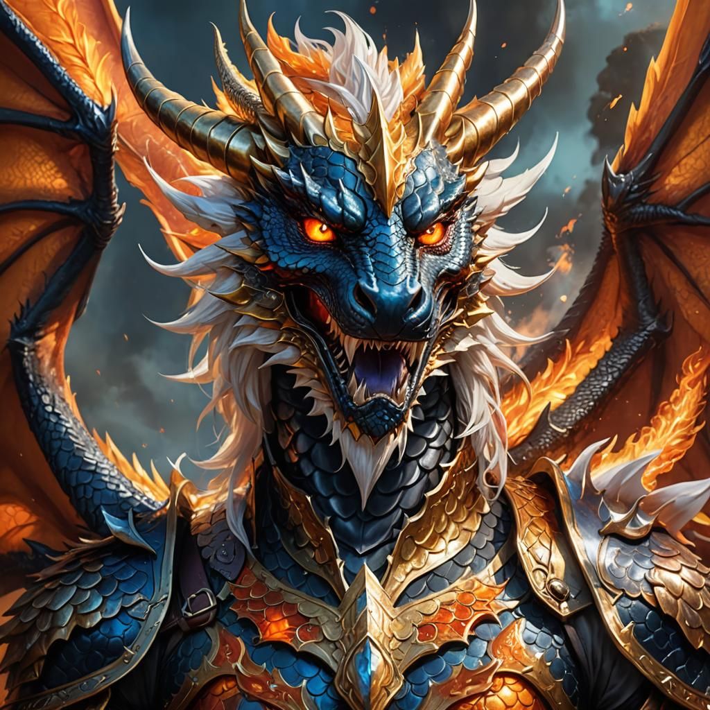 Noble Golden Dragon with Fiery Breath, Digital Art