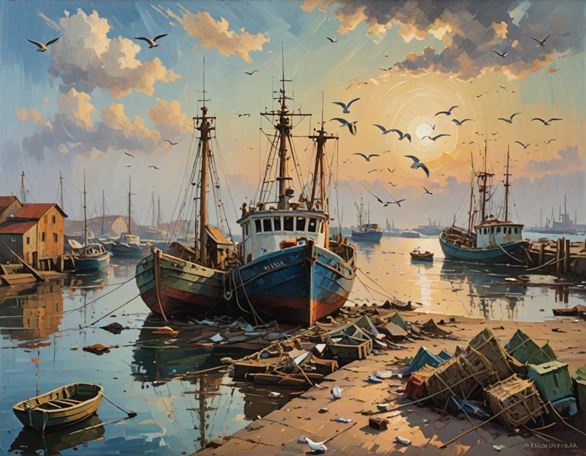 Impressionist Oil Painting of Old Trawlers in Deserted Harbo...