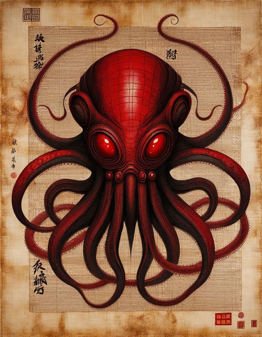 Cthulhu Alien in Red Ink Print Style