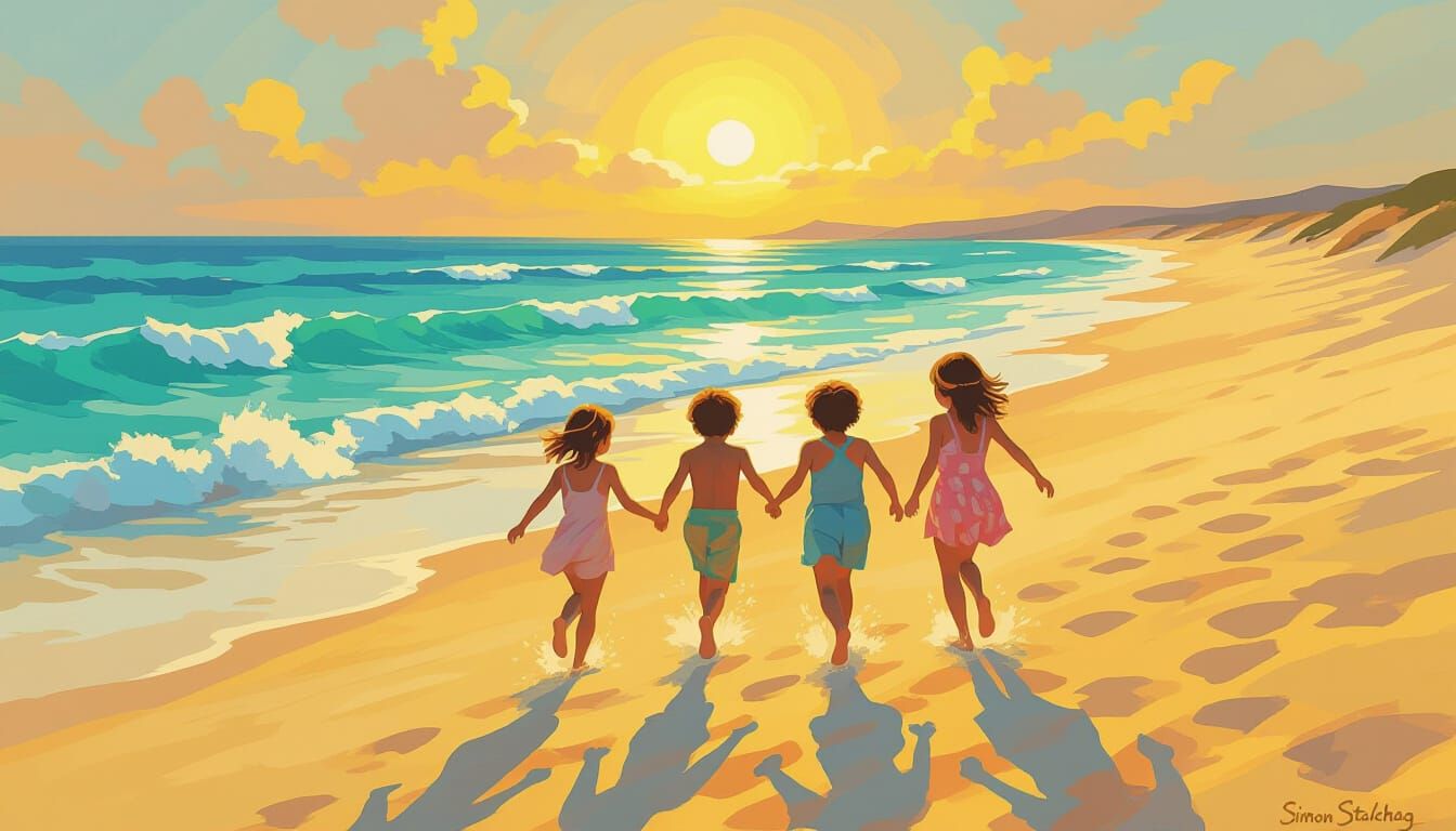 Children Playing on Dunes in Impressionistic Style