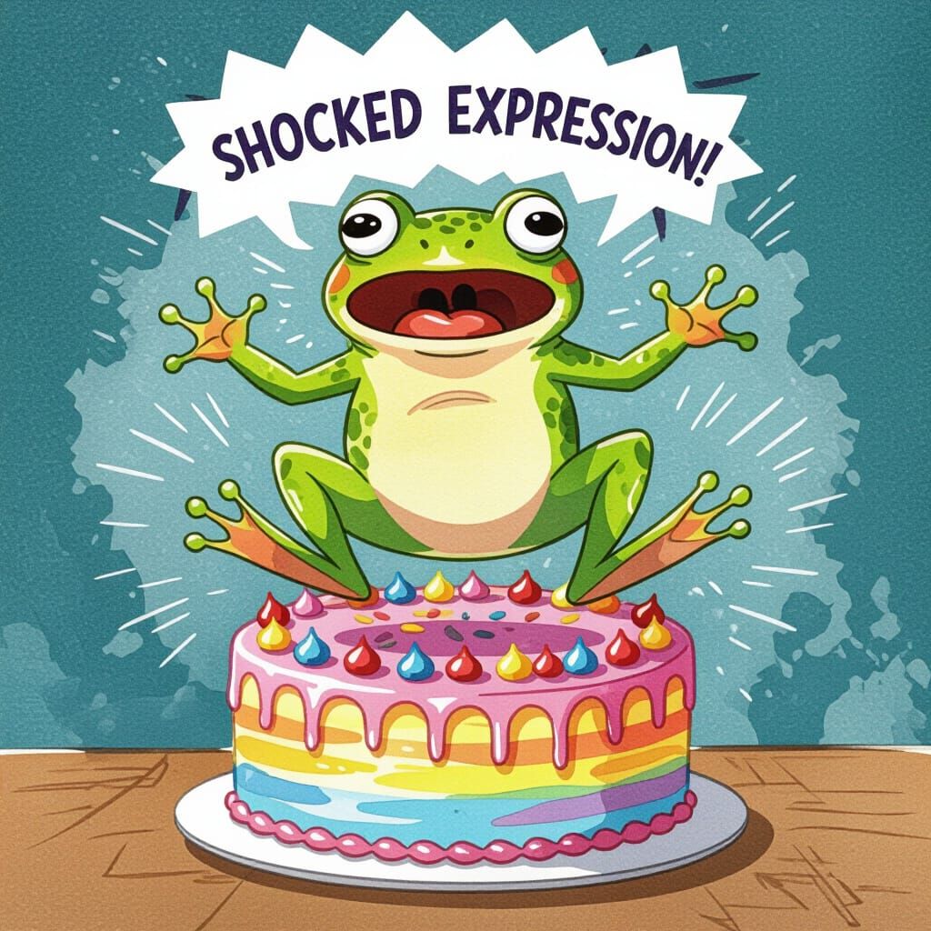 Surprised Frog Leaping From Cake in Watercolor