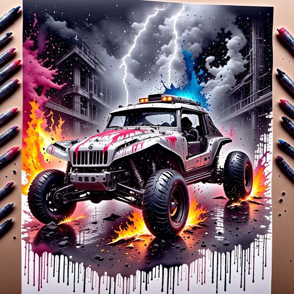 Dune Buggy Crash in Stormy Night, in Cyberpunk Style