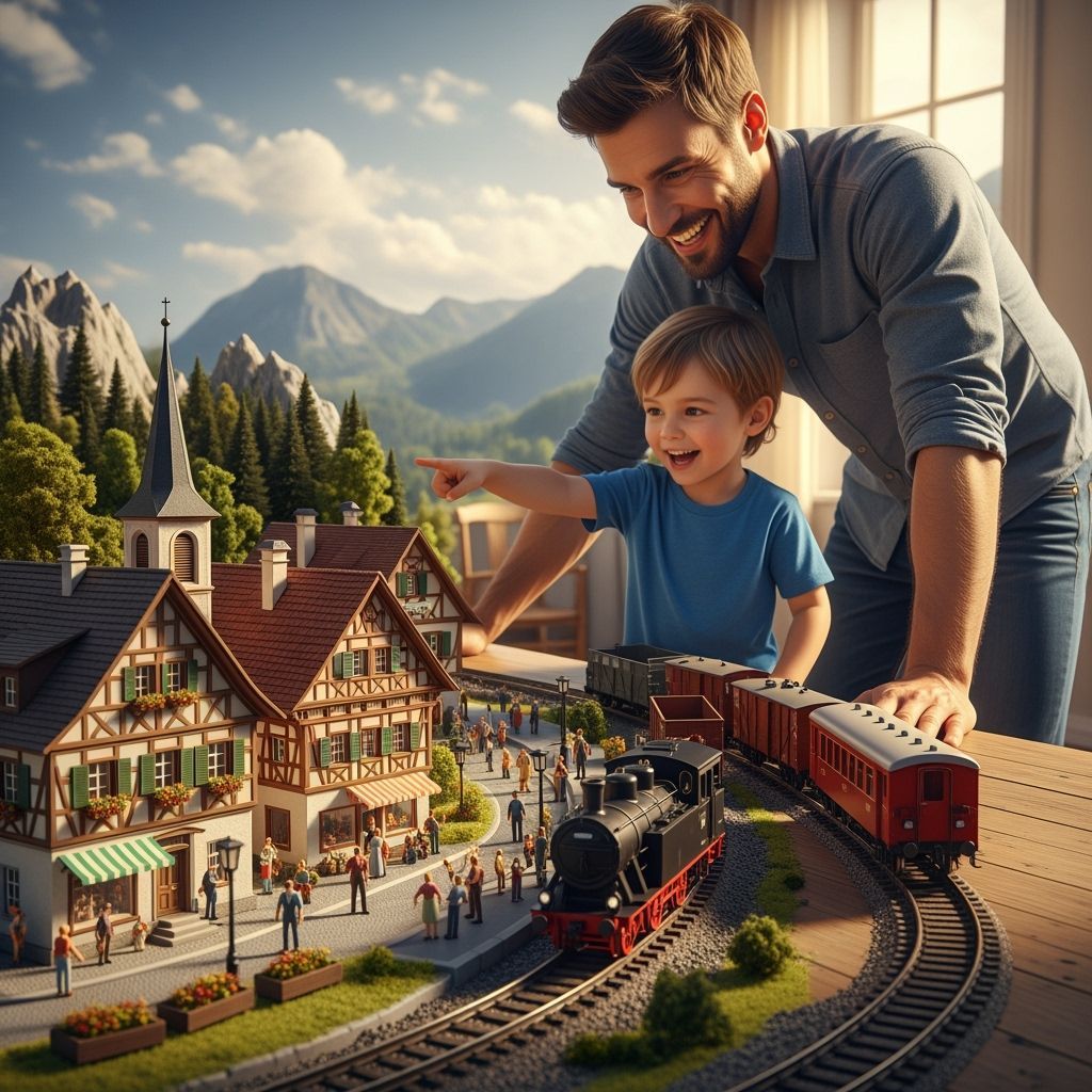 Detailed 3D Toy Train Layout in Cozy Family Room