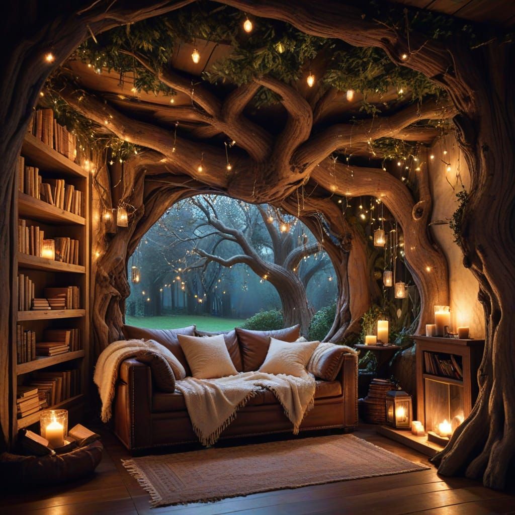 Enchanted Reading Nook in Ancient Tree