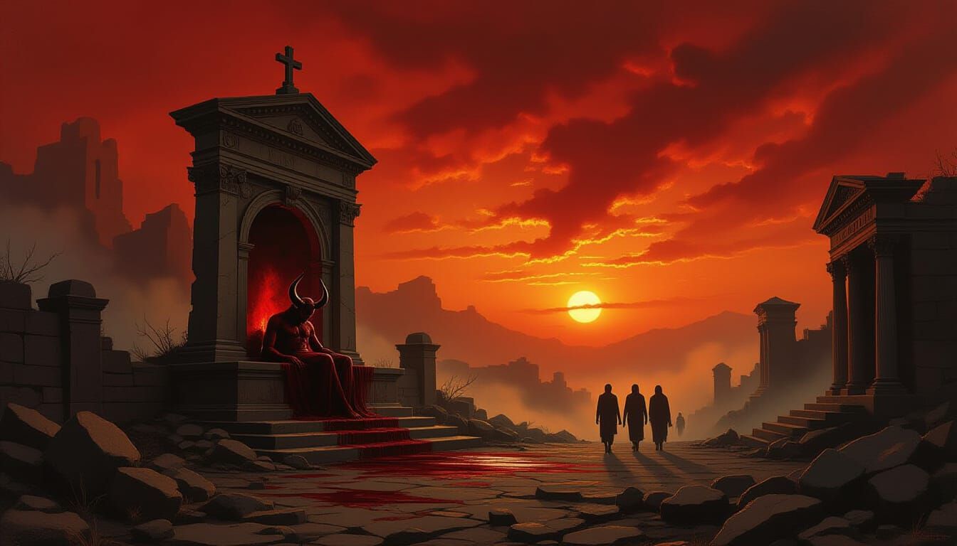 Demonic Scene with Altar in Dark Fantasy Oil Painting