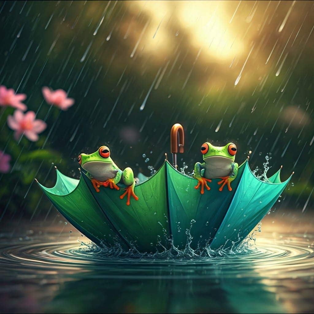 Vibrant Rainy Day Playground with Tiny Frogs and Blooming Fl...