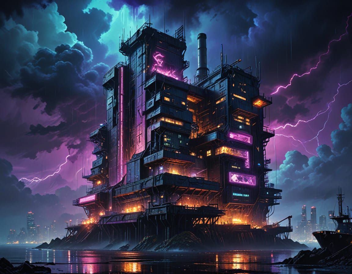 Dark, Gritty Cyberpunk Cityscape Rises from the Sea in Neon ...