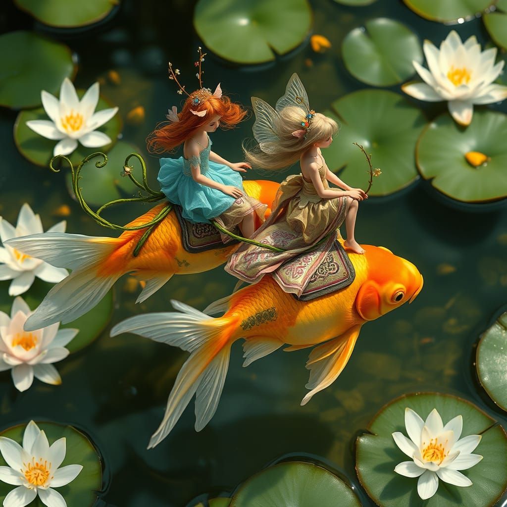Whimsical Fairies Ride on Goldfish in a Serene Pond Scene