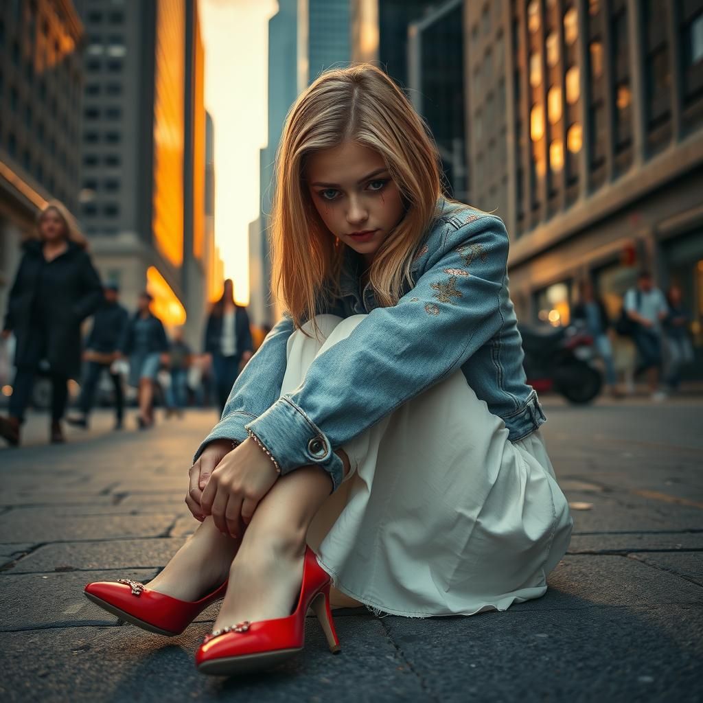 Melancholic Girl in Red Shoes on City Street