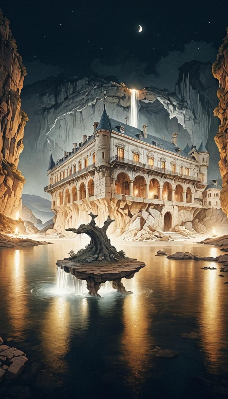 Cliffside House with Waterfall in Gustave Doré Style