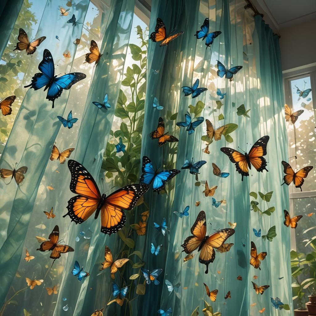 Butterflies on Organza Curtains with Broken Glass Effect