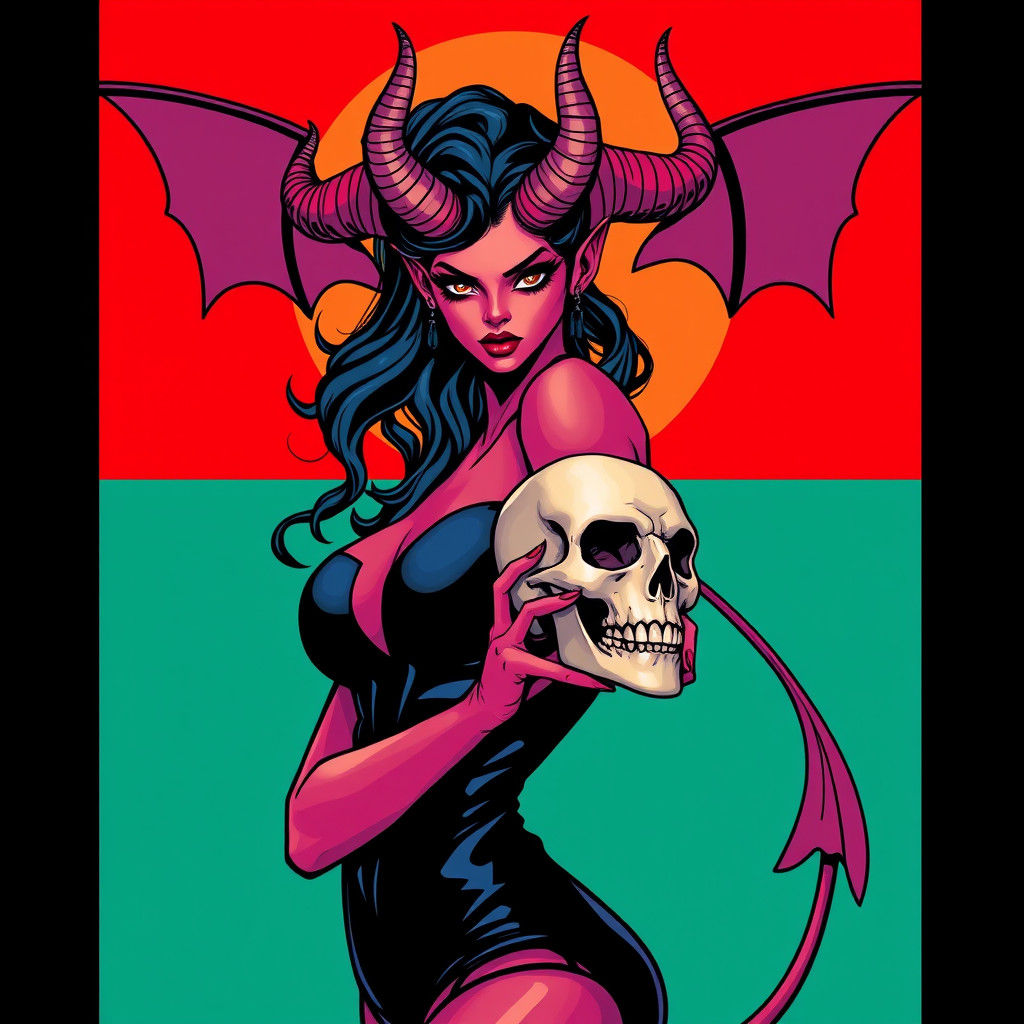 Female Demon with Skull in Pop Art Style