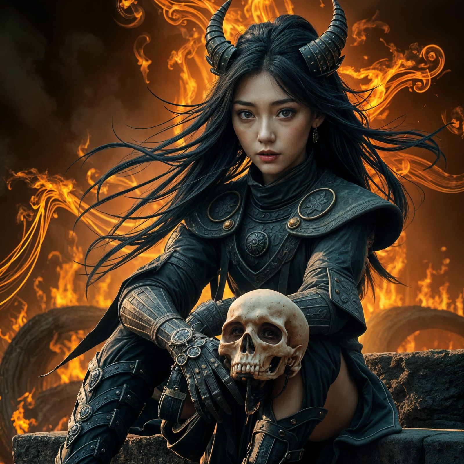 Korean Demon Girl with Skull in Fiery Inferno